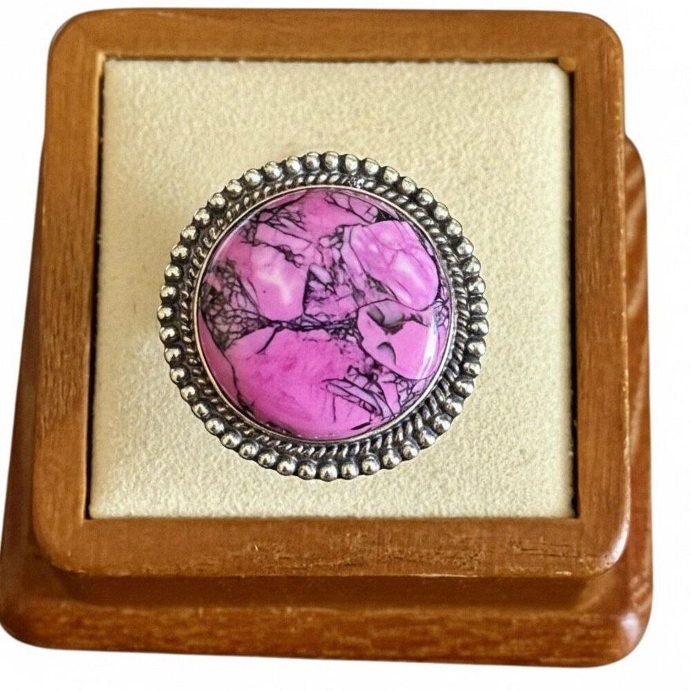 Pink Cherry Blossom Turquoise Statement Silver Ring - Large Cabochon Boho Size 7